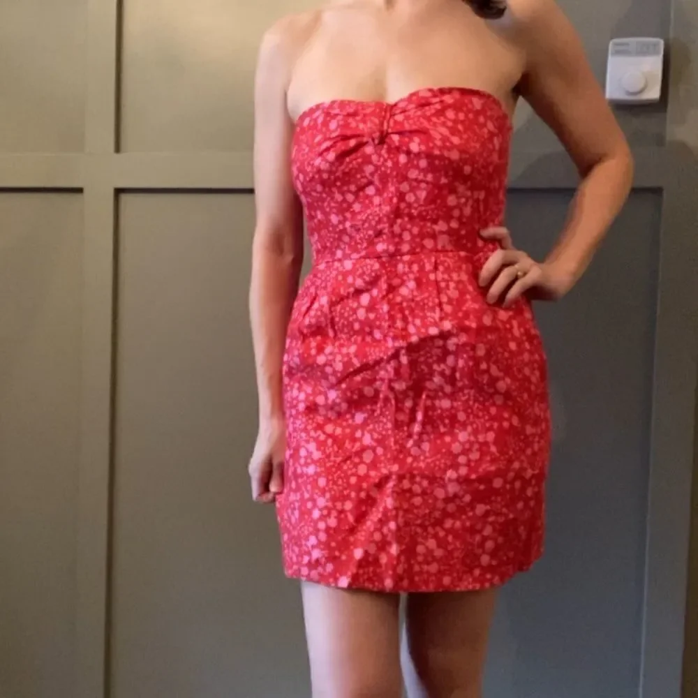 J. Crew 100% Linen Printed Strapless Dress Red & Pink Size 2